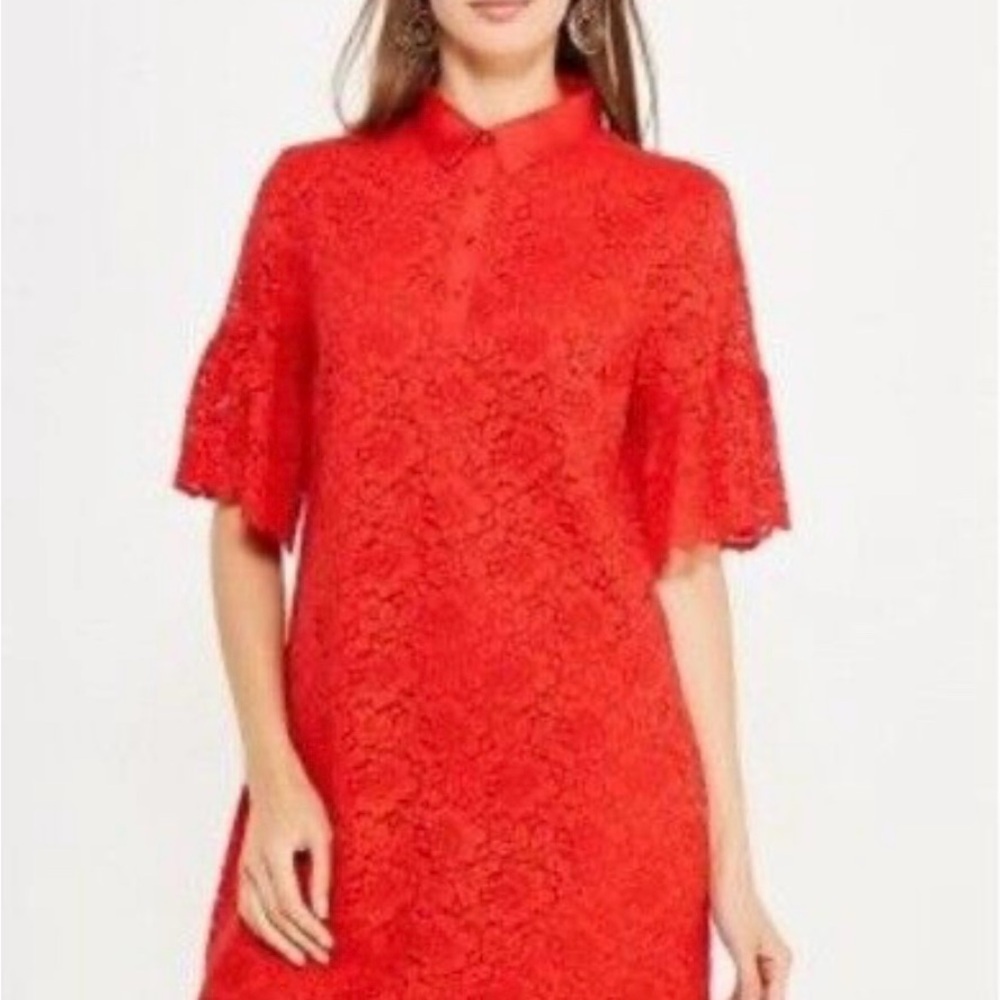 Banana Republic Red Floral Lace Bell Sleeve Shift Shirt Dress Size S Collared.